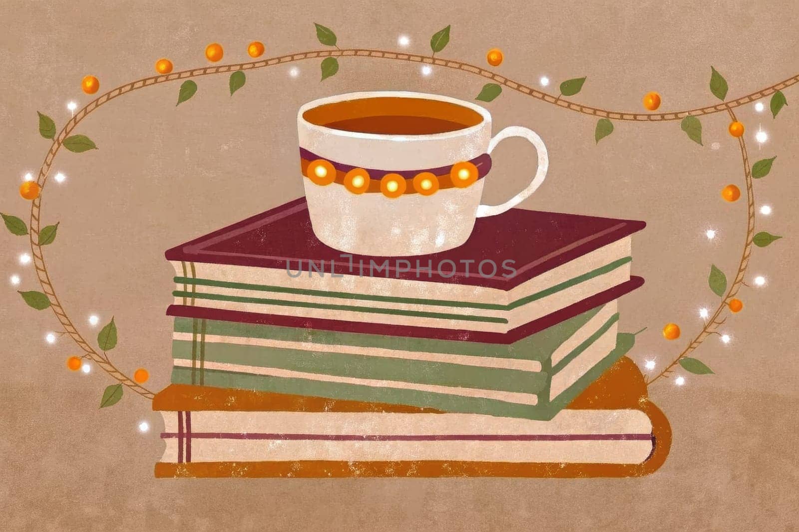 A steaming cup of coffee or tea sits atop a stack of two books, adorned with delicate leaves, against a backdrop of soft, red light. A string of lights hangs above, casting a warm glow on the scene, creating a sense of comfort and relaxation.