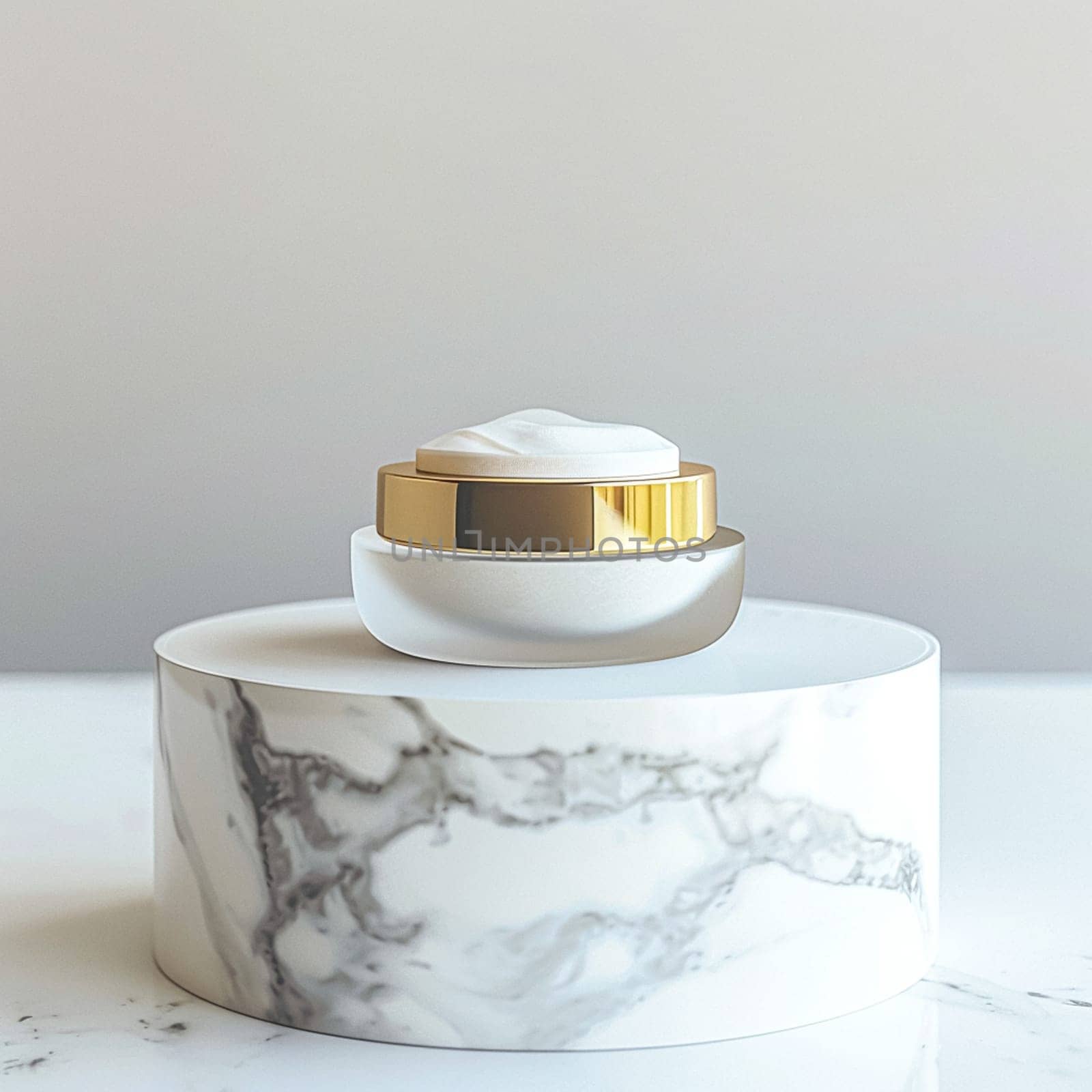 Face cream in a glass jar on a white and gold background. Skin care concept. Backdrop for beauty cosmetic products