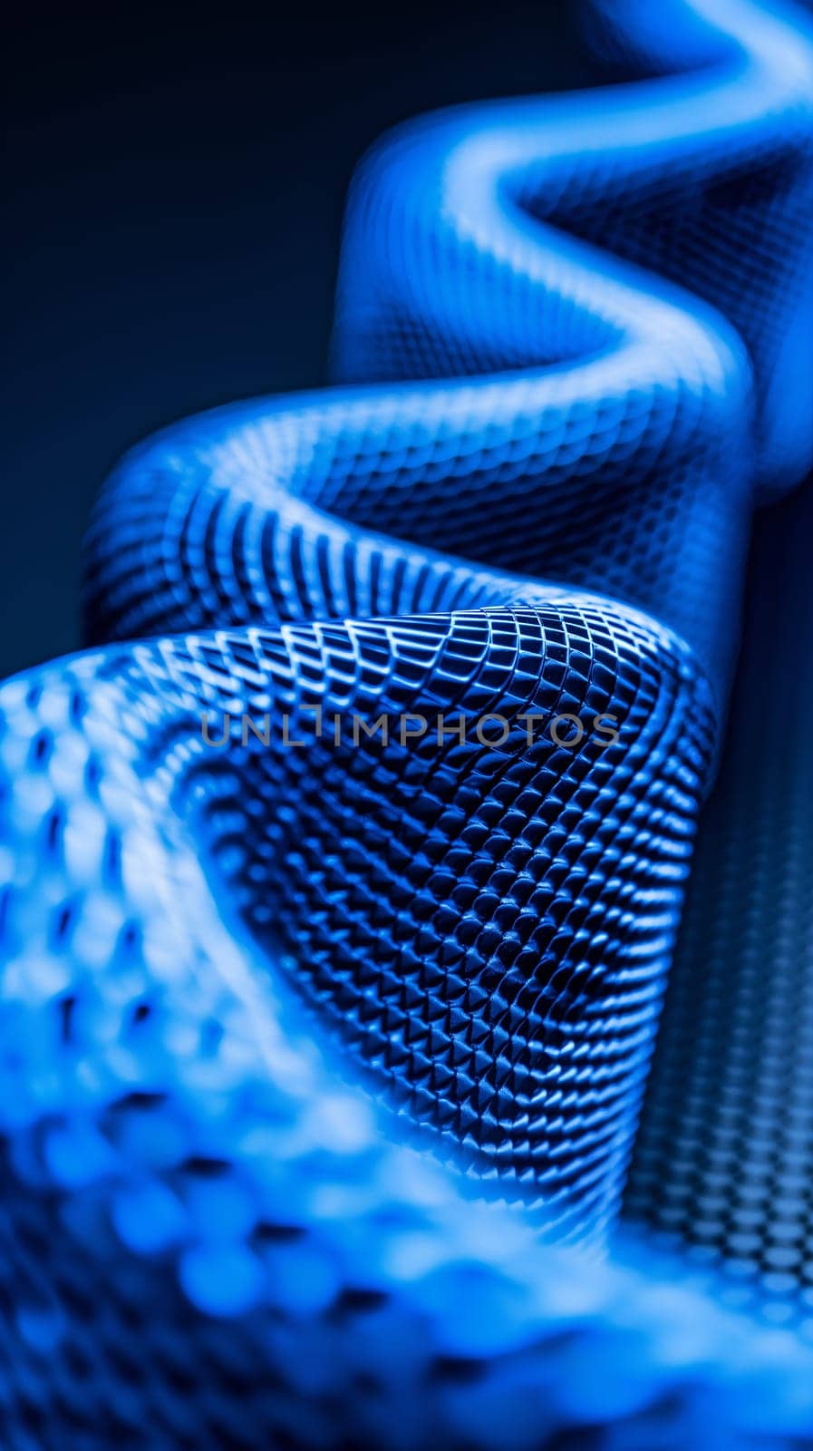 Detailed close-up of blue mesh fabric showcasing intricate texture patterns. The lighting emphasizes the unique design and woven structure, creating dynamic and abstract visual effect - Generative AI