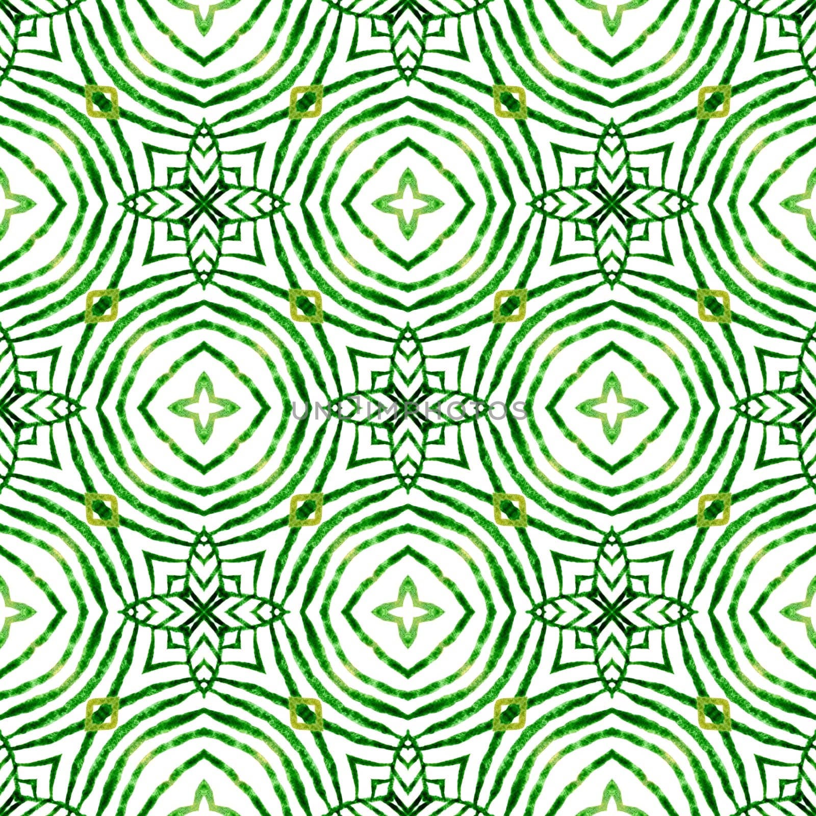 Watercolor summer ethnic border pattern. Green enchanting boho chic summer design. Ethnic hand painted pattern. Textile ready ideal print, swimwear fabric, wallpaper, wrapping.