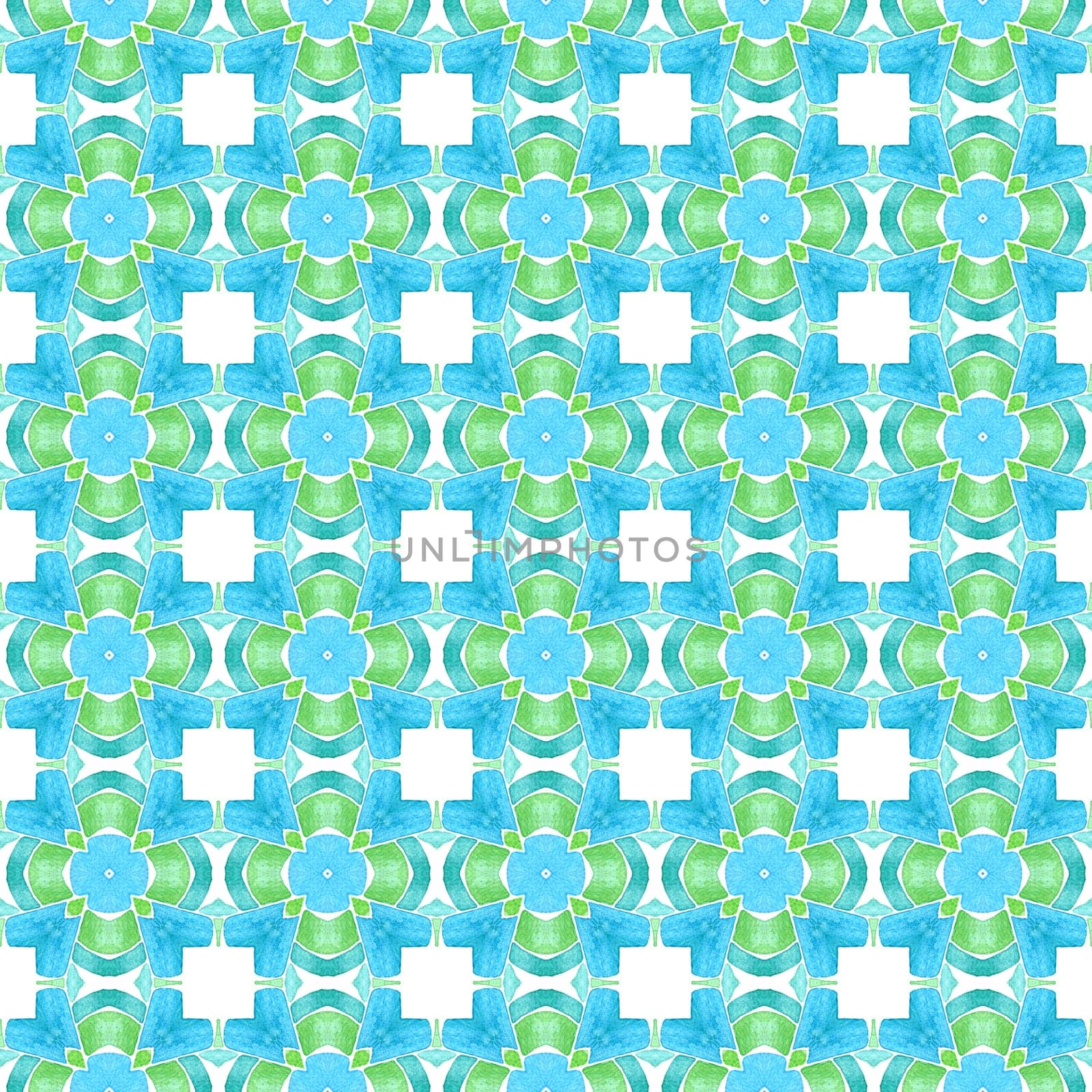 Tiled watercolor background. Green wonderful boho chic summer design. Textile ready symmetrical print, swimwear fabric, wallpaper, wrapping. Hand painted tiled watercolor border.