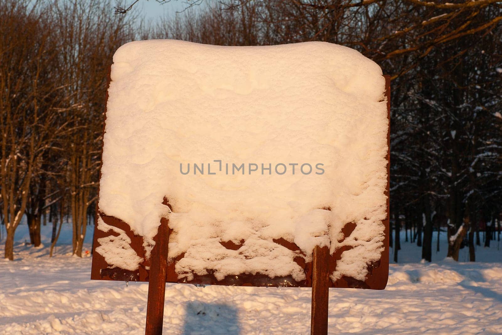 Information board covered with snow, close-up against the background of a winter forest.