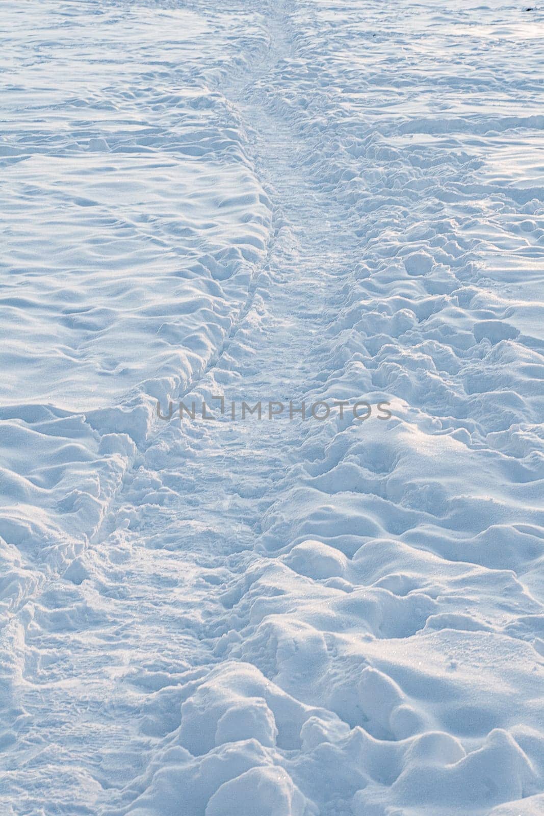 A large path in the snow illuminated by the setting sun.