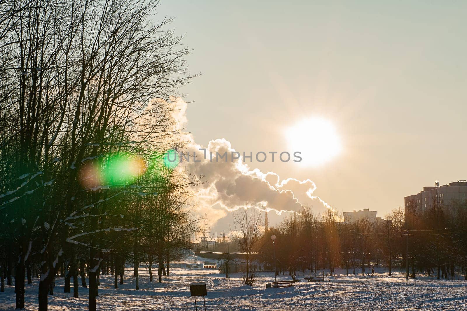 Photo of a city park in the snow, smoking chimneys in the distance against the background of a sunny sky.
