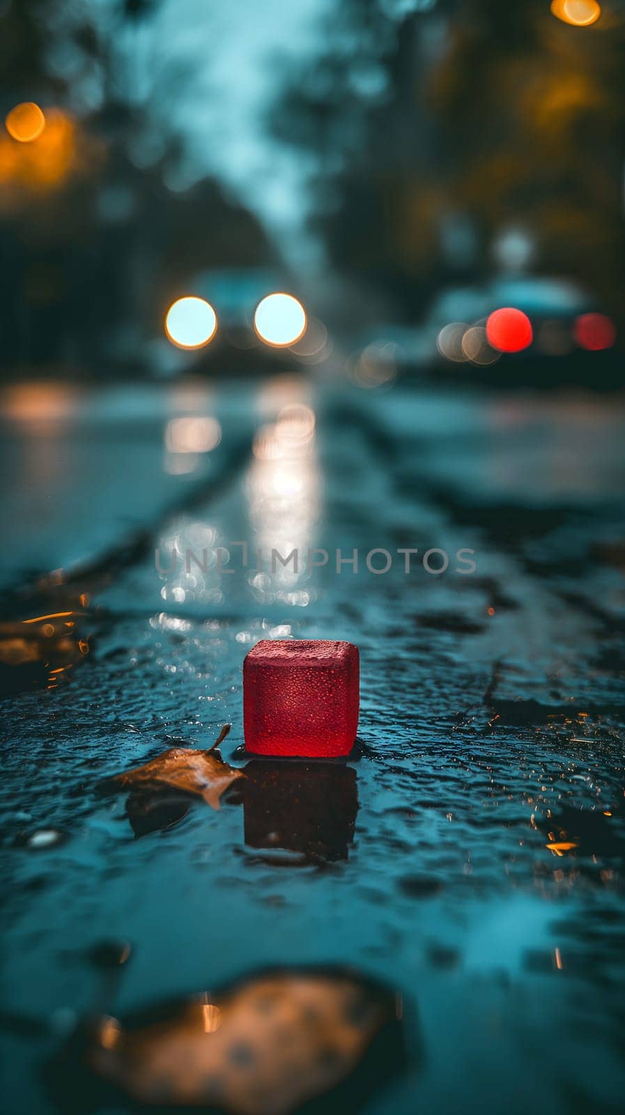 A single red cube rests on a wet urban street, reflecting the twilight ambiance, with bokeh lights from vehicles in the background