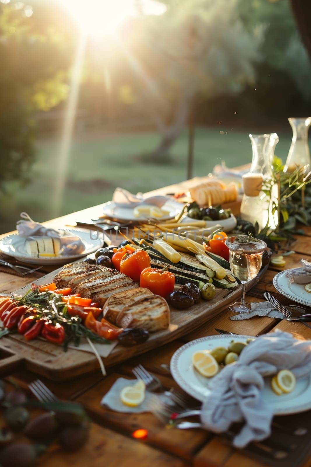 Sumptuous outdoor dining spread with grilled veggies and refreshments on a rustic table at sunset