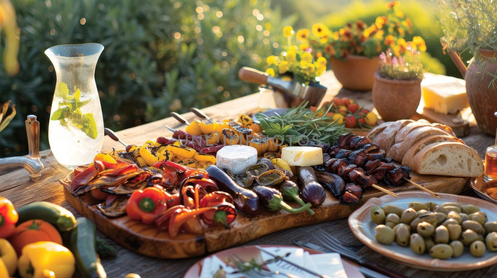Lavish spread of grilled vegetables, fresh bread, and lemonade on a wooden table amidst an orchard at golden hour