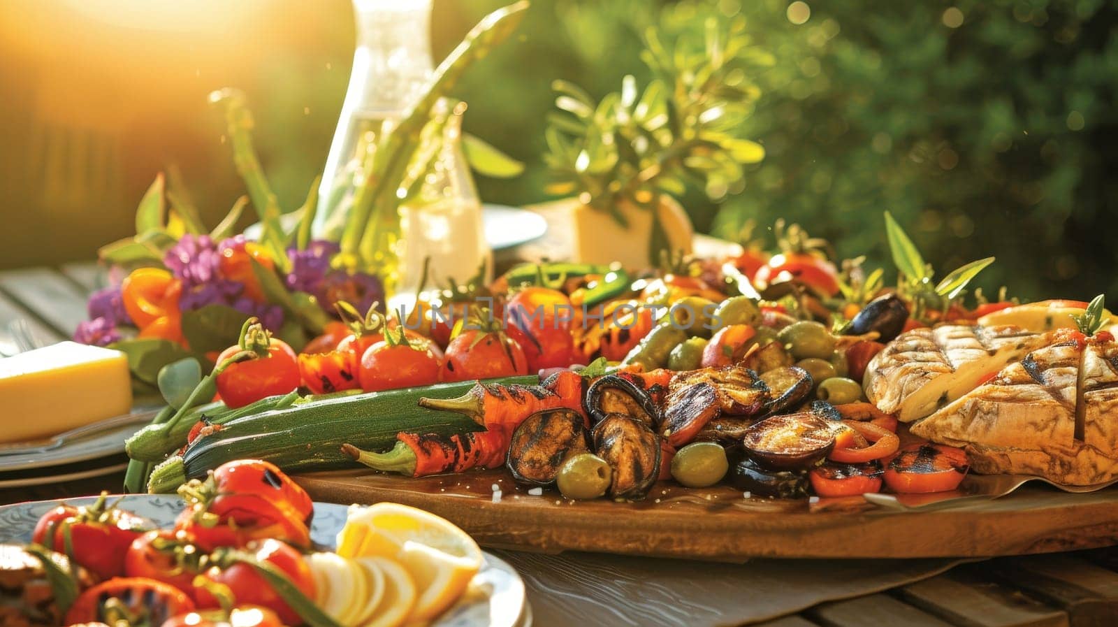 Lavish spread of grilled vegetables, fresh bread, and lemonade on a wooden table amidst an orchard at golden hour