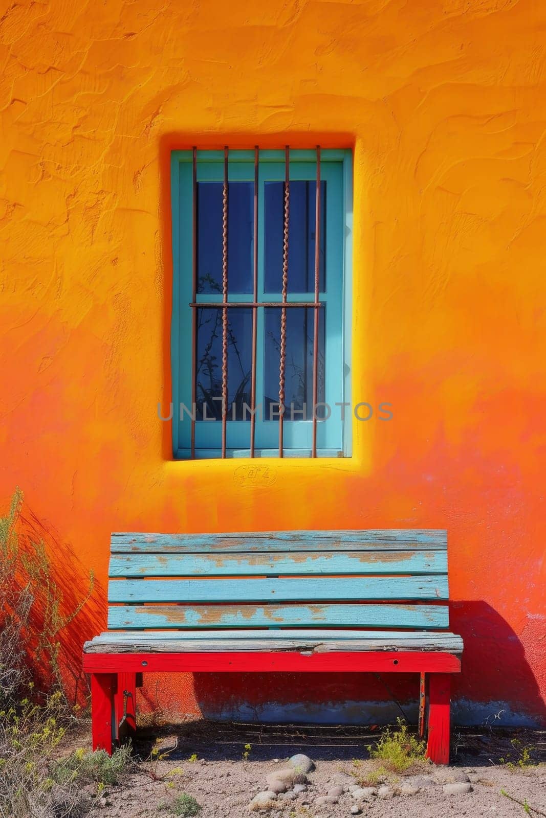 Brightly colored wall of a house with a contrasting blue window and red bench under a tree's shade