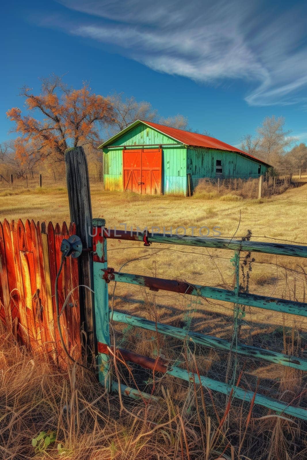 Weathered barn in a field with striking red and turquoise doors and a rustic fence under a wispy clouded sky