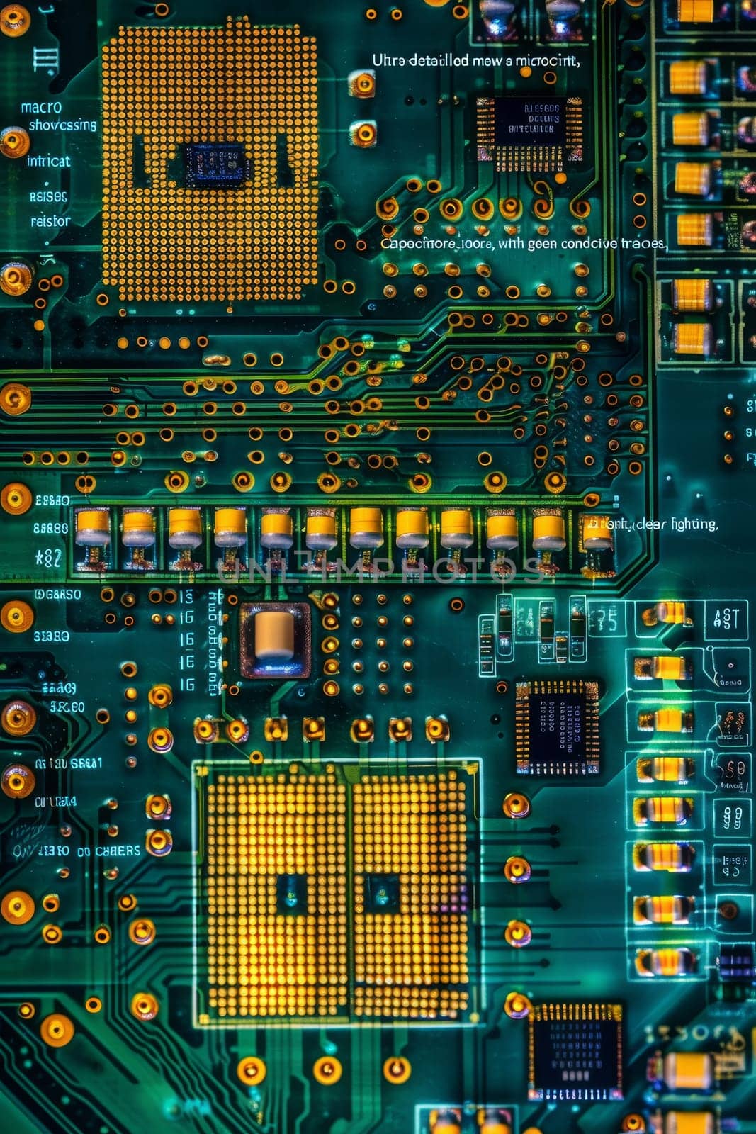 Macro photography of a circuit board with intricate connections and electronic components