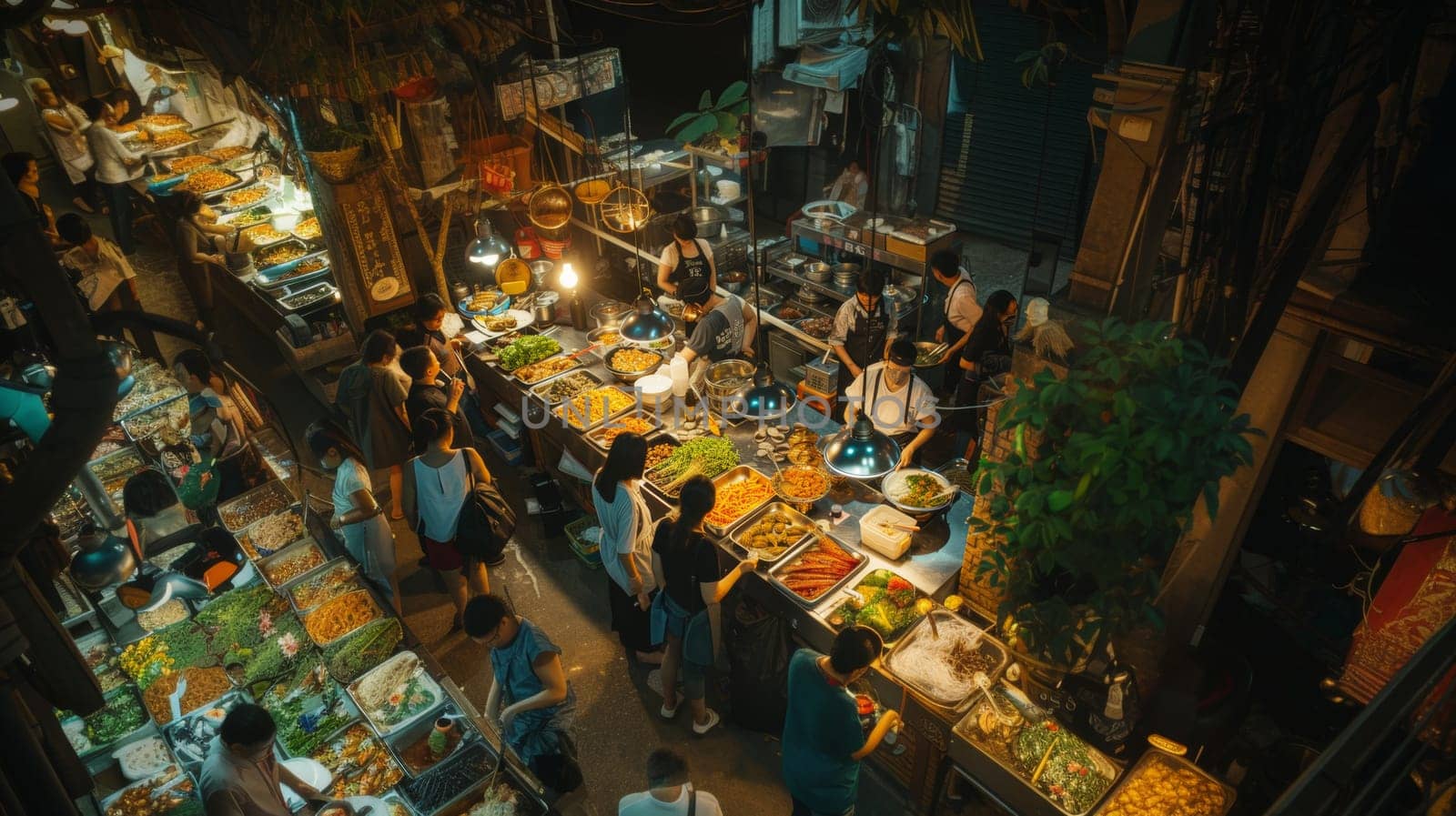 Overhead view of a busy night market with various food stalls and customers
