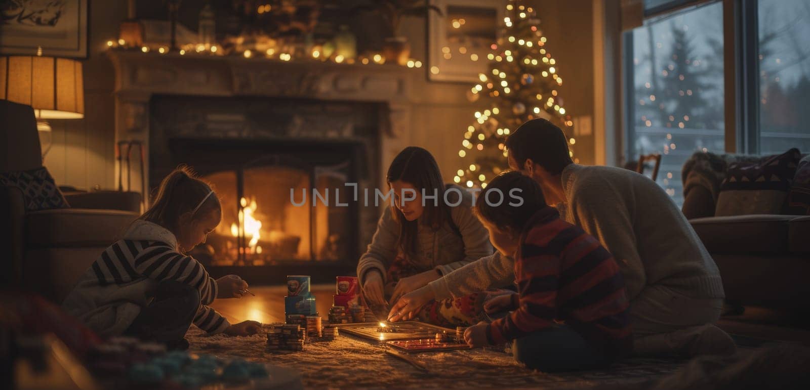 Family engaged in a board game by the fireside with a Christmas tree in the background
