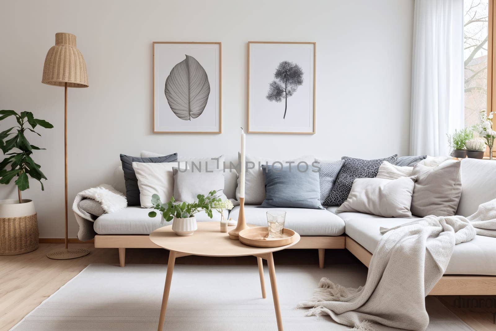 A well-appointed living room with a beige sofa accented by blue and gray pillows, complemented by botanical art on the wall and a wooden coffee table with plants - Generative AI
