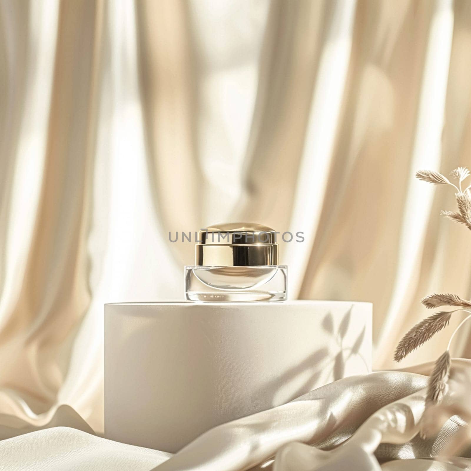 Face cream in a glass jar on a white and gold background. Skin care concept. Backdrop for beauty cosmetic products