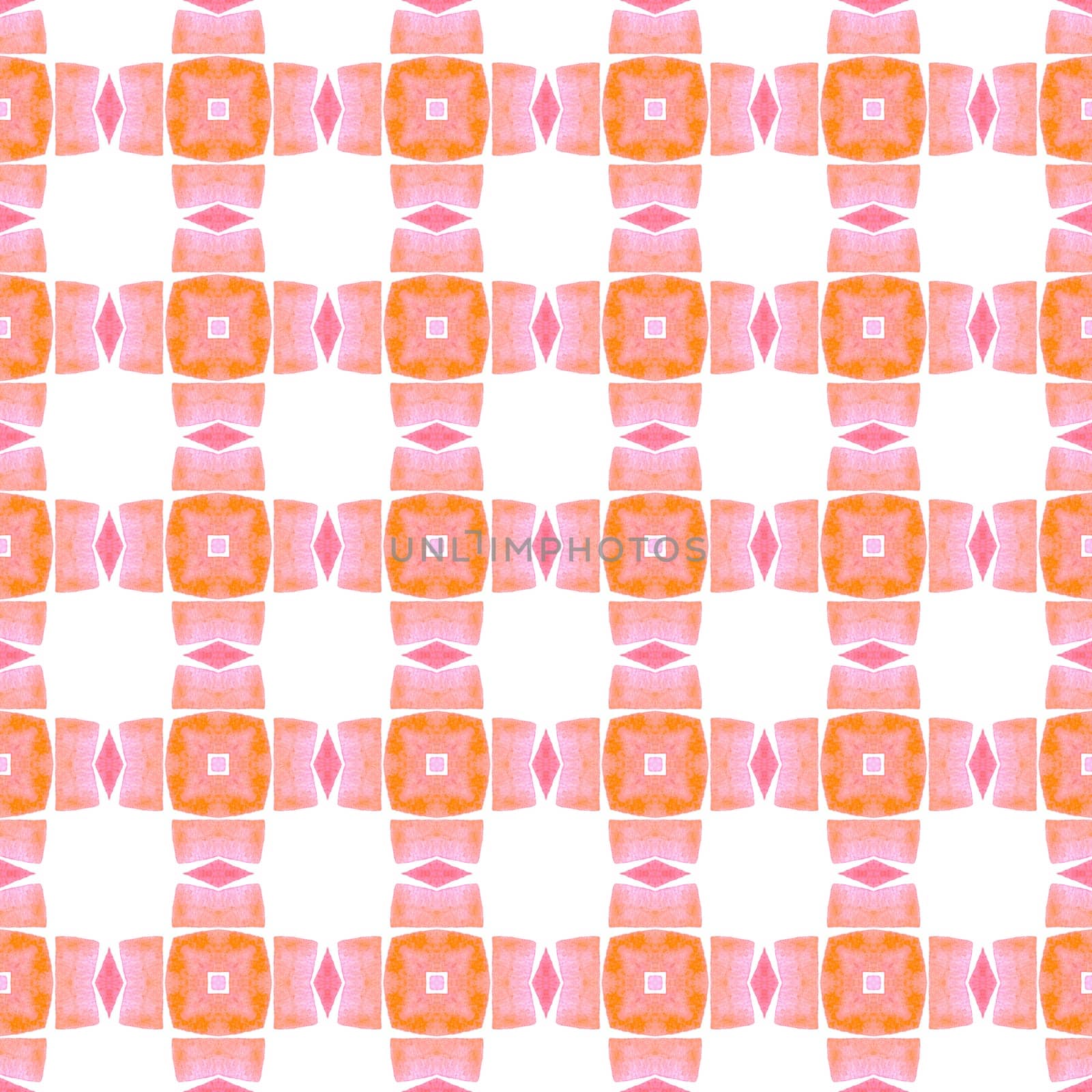 Textile ready energetic print, swimwear fabric, wallpaper, wrapping. Orange memorable boho chic summer design. Chevron watercolor pattern. Green geometric chevron watercolor border.