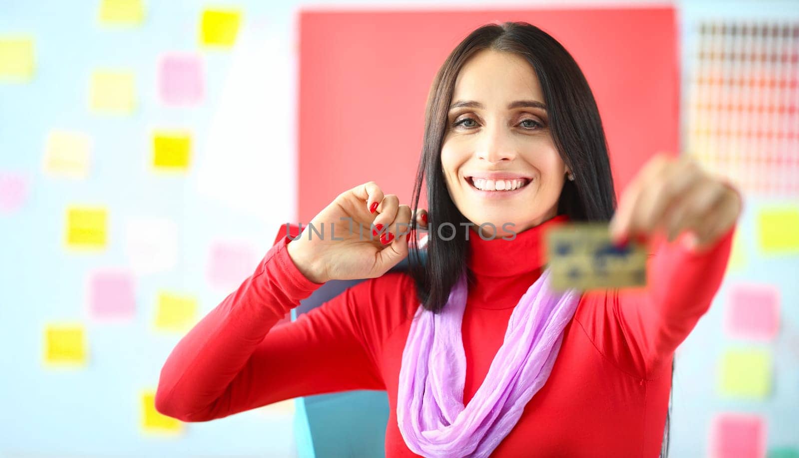 Portrait of smiling woman hold credit card, best option for contactless payment, saveup money. Finance, investment, banking, economy, loan, wealth concept