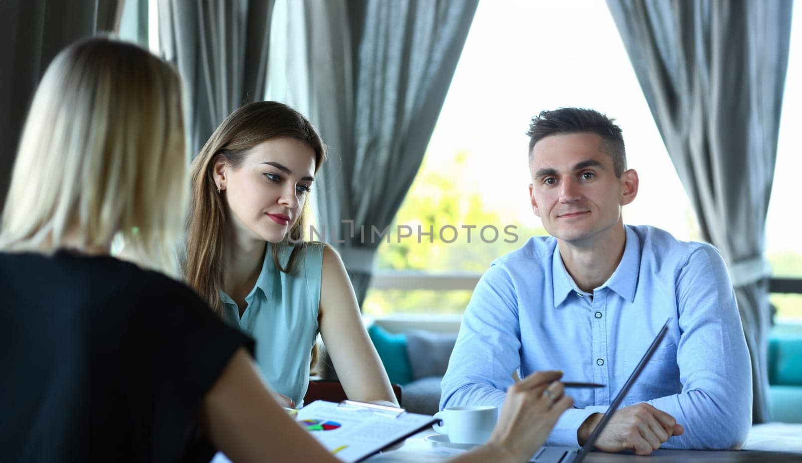 Portrait of biz partners discuss contract terms on meeting in cafe, businesspeople talk about progress. Business, career, strategy, deal, success concept