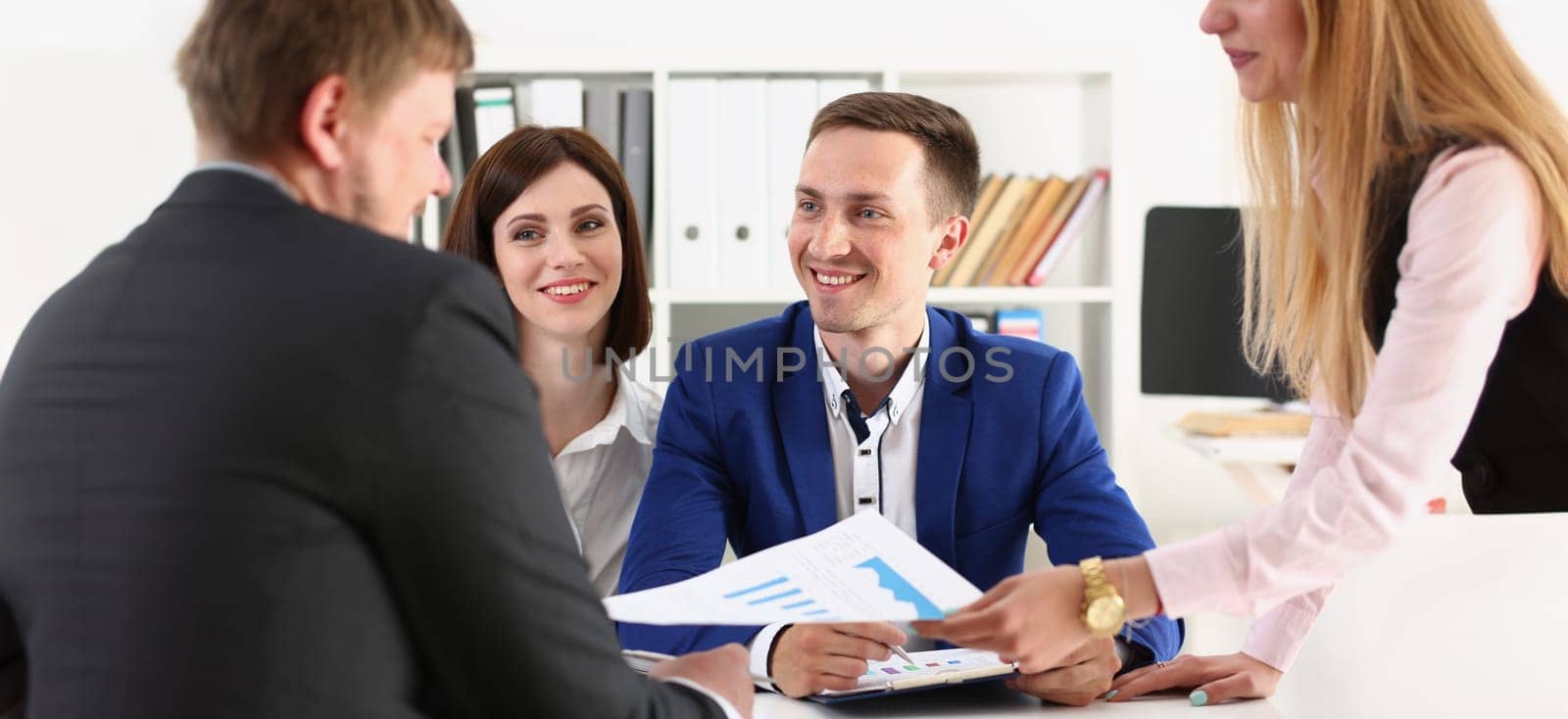 Portrait of businesspeople present product to biz partner, manager showing finance statistics. Meeting for beneficial deal, development, growth concept
