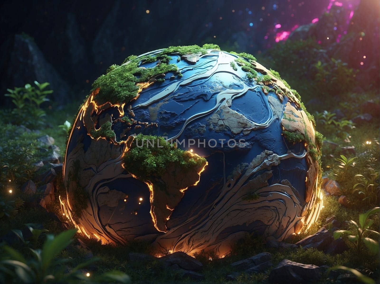 A spherical object emitting a vibrant glow stands out in the middle of a dense forest.