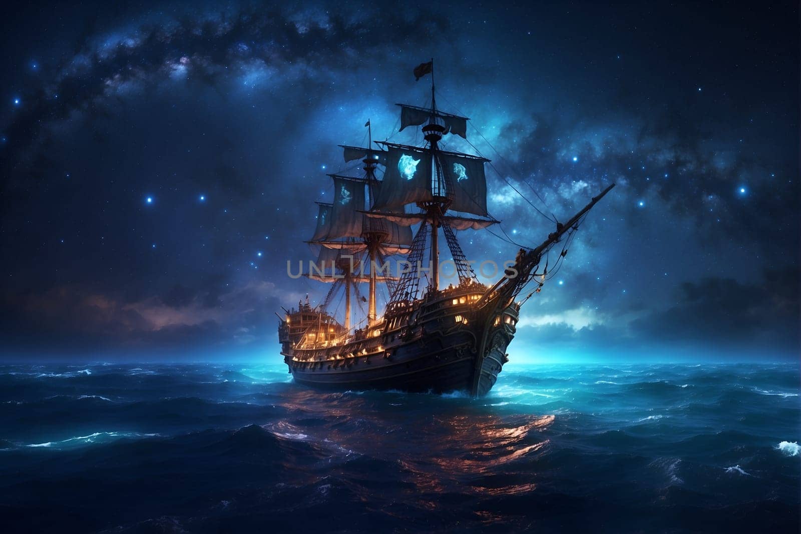A pirate ship with its sails billowing in the wind sails through the dark waters of the ocean under the moonlight.