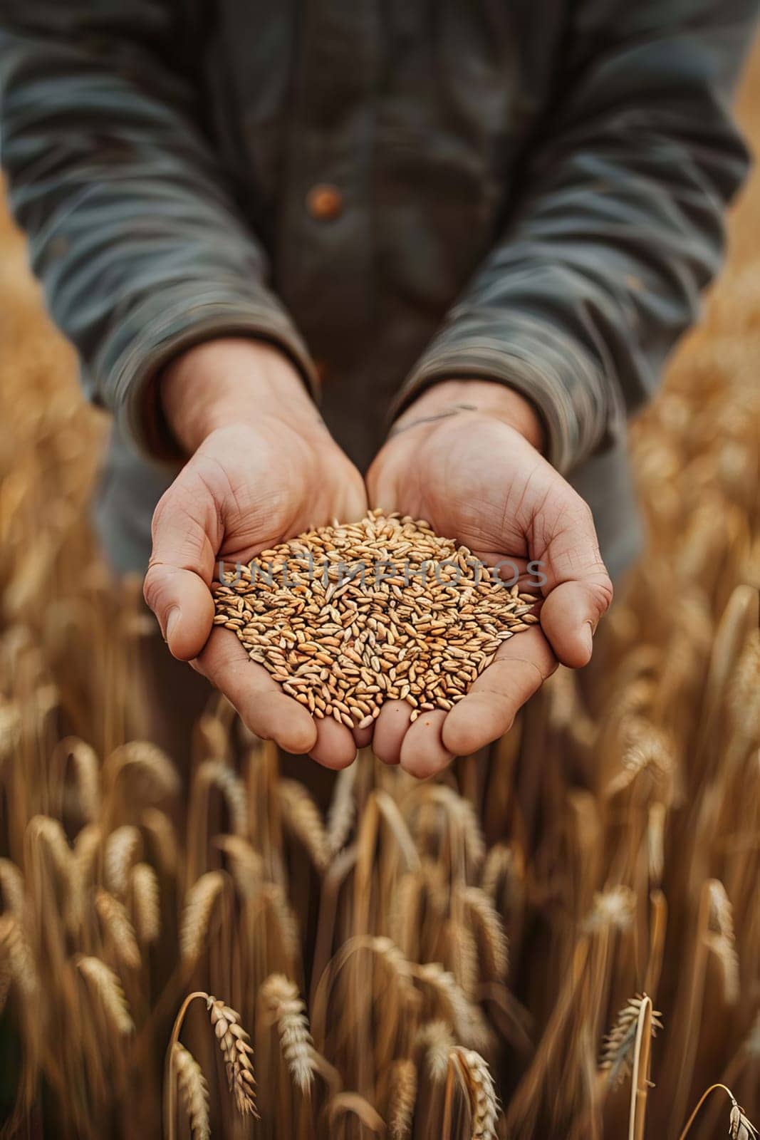 farmer holds grains of wheat in his hands against the background of a field, food, Generative AI,