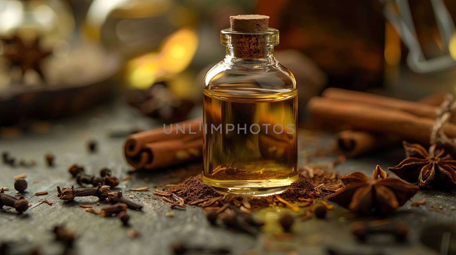 anise and cinnamon oil extract in a small bottle, nature Generative AI,