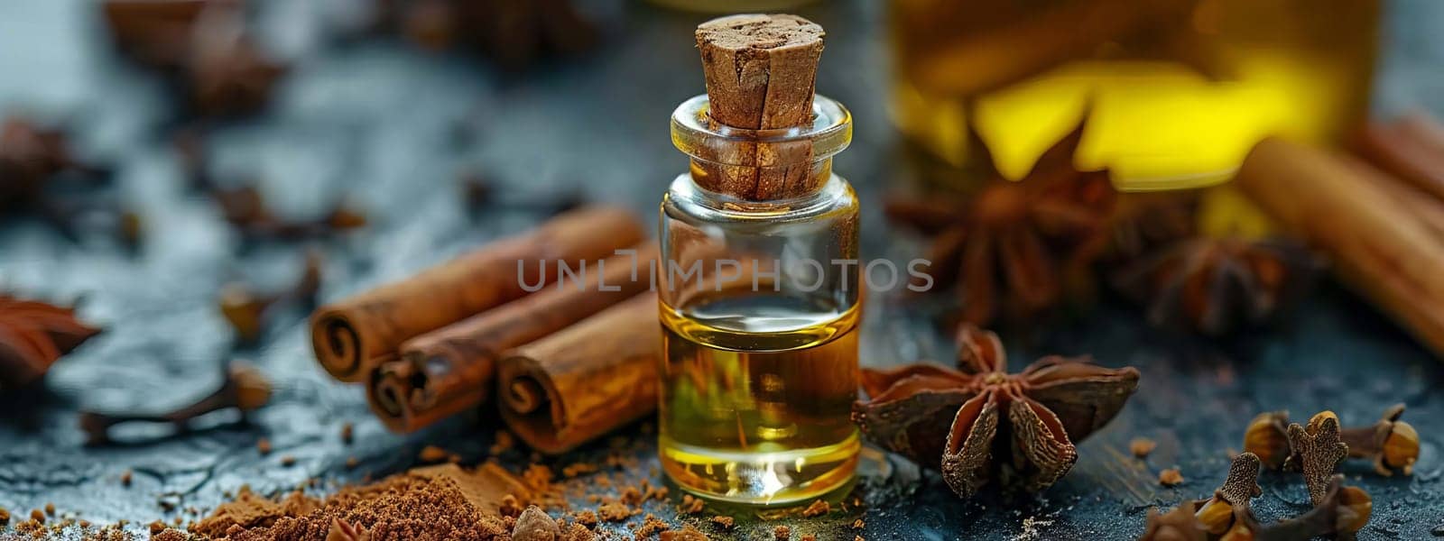 anise and cinnamon oil extract in a small bottle, nature Generative AI,