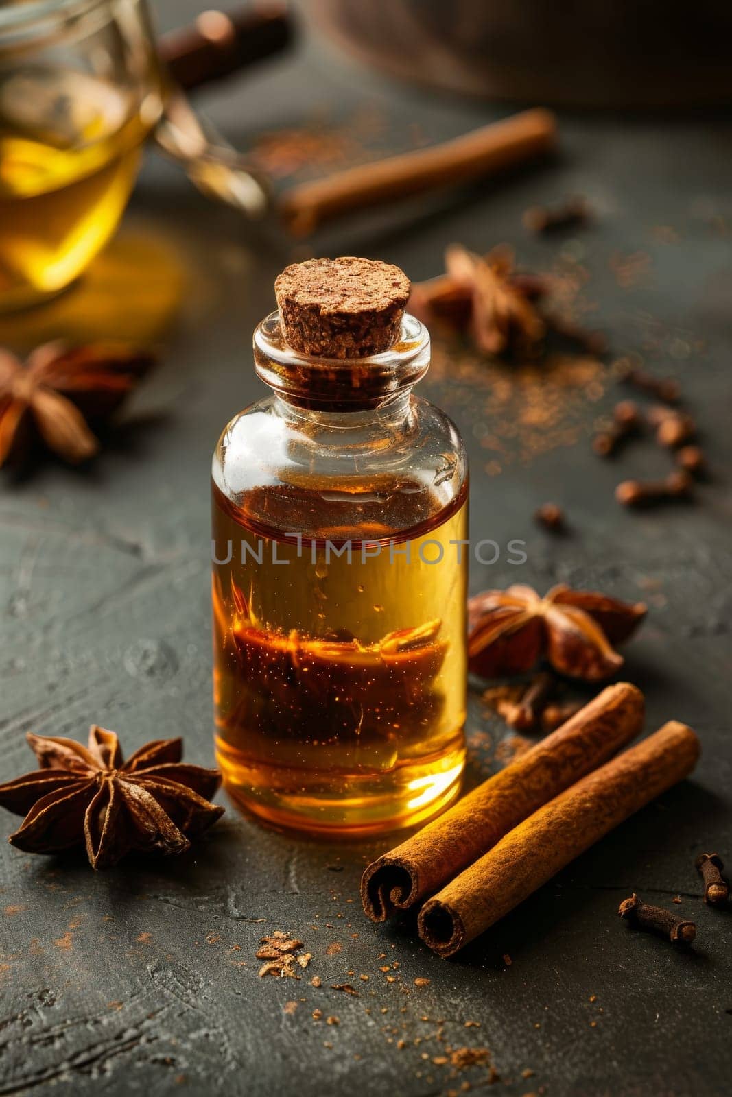 anise and cinnamon oil extract in a small bottle, nature Generative AI,