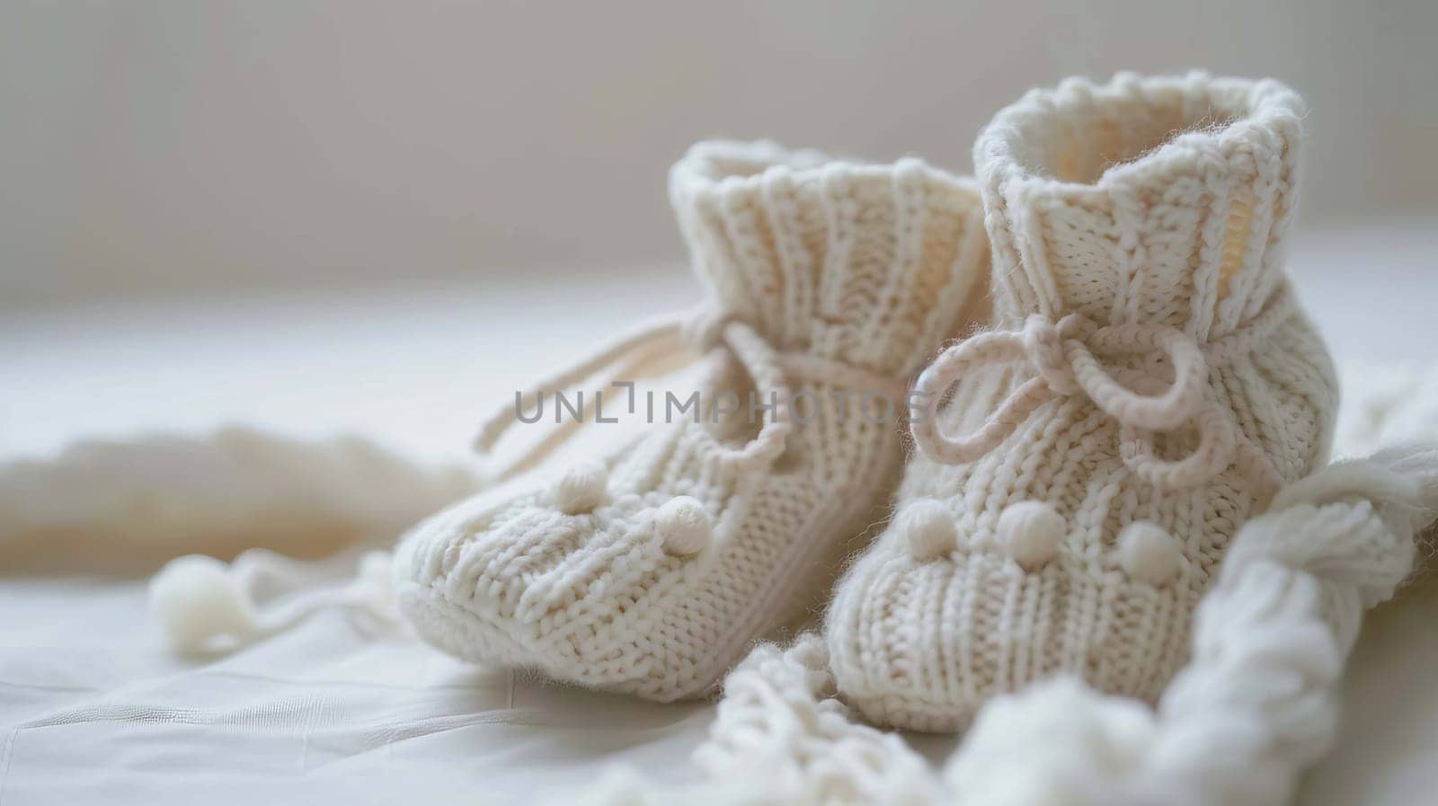 baby booties on a white background. Selective focus. Generative AI,