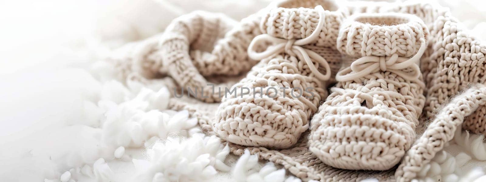 baby booties on a white background. Selective focus. Generative AI,