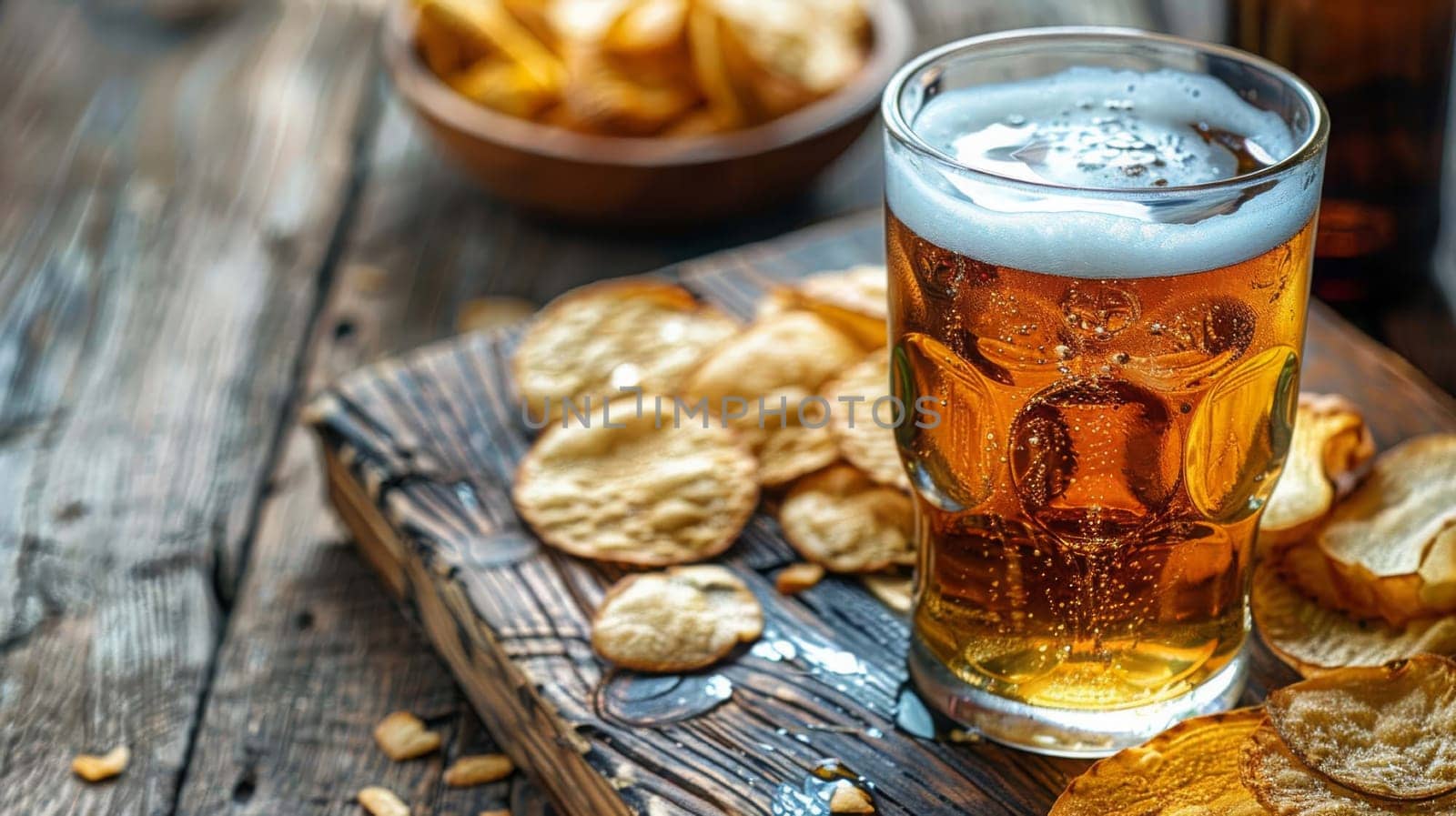 Glass of beer with snack, drink Generative AI,