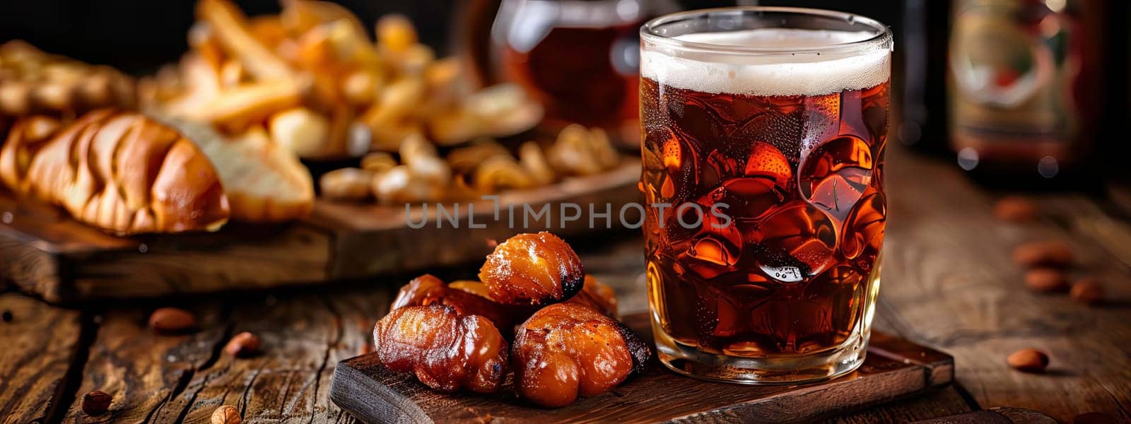 Glass of beer with snack, drink Generative AI,