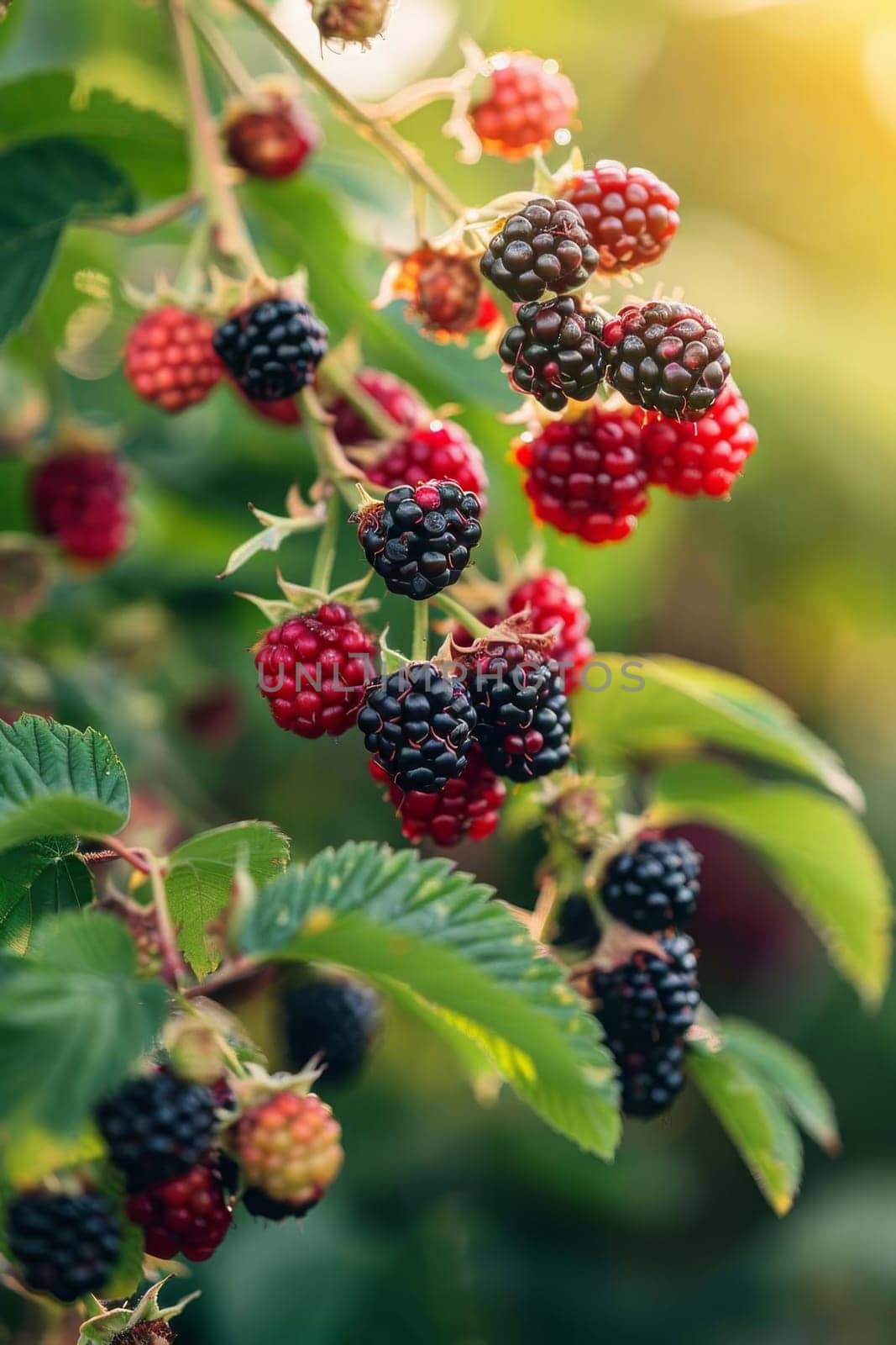 Blackberries grow in the garden. Ripe and unripe blackberries on a bush, food Generative AI,