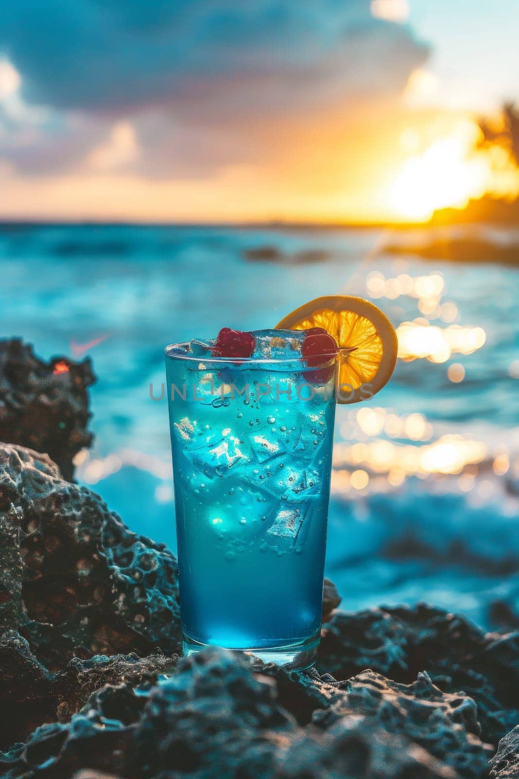 A glass of cocktail on a sandy coral beach, drink Generative AI,