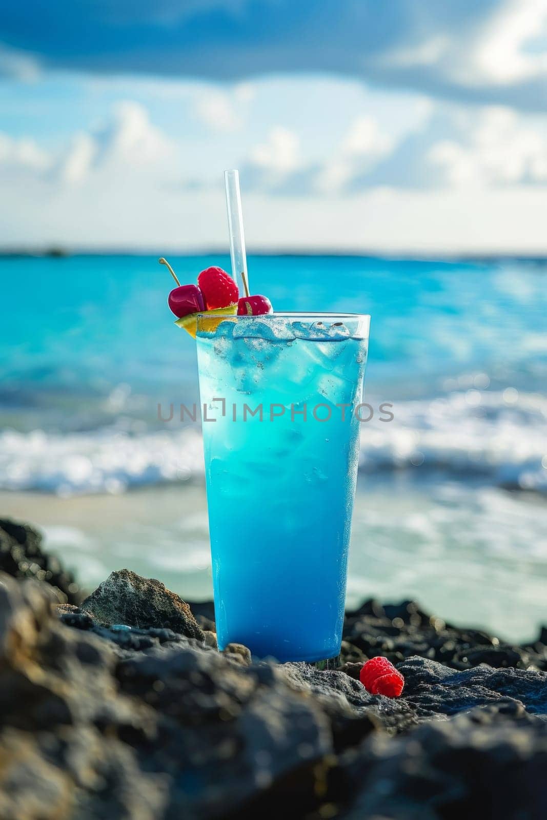 A glass of cocktail on a sandy coral beach, drink Generative AI,