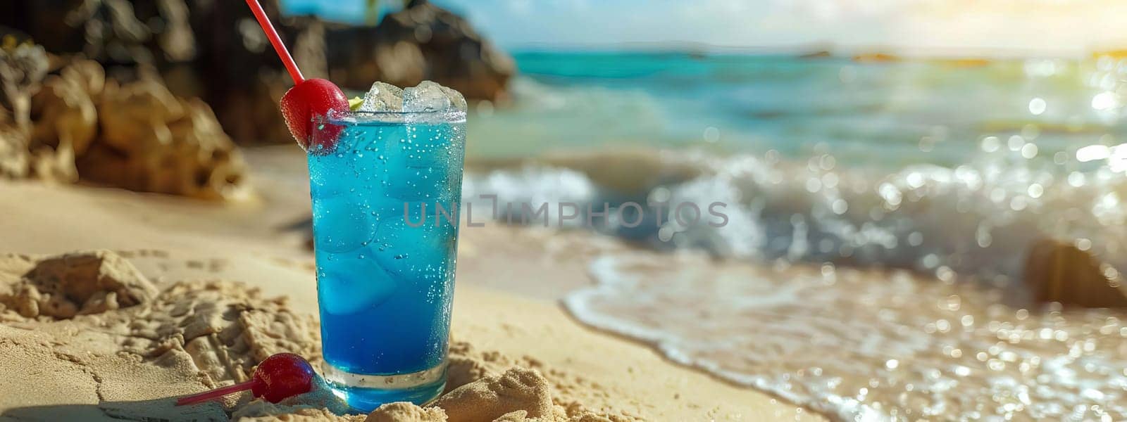 A glass of cocktail on a sandy coral beach, drink Generative AI,