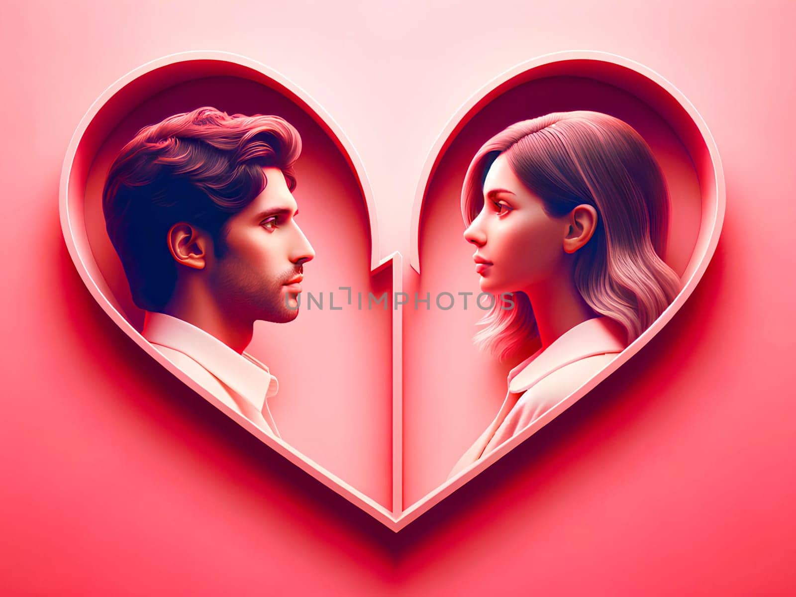 two halves of a heart, the left half depicts a young man, the right half a girl, love concept.