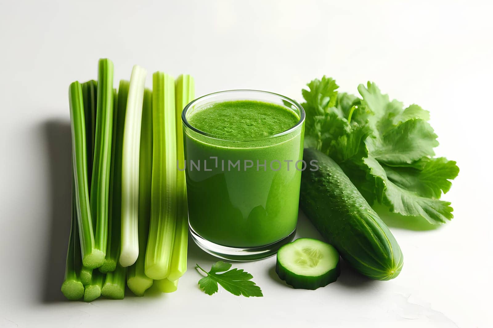 green vitamin cocktail for weight loss in a glass on a white background. Next to the glass is a fresh cucumber and several stalks of celery.