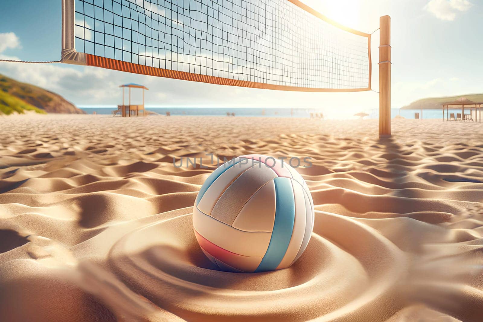 a beach volleyball court with a volleyball placed on the sand.