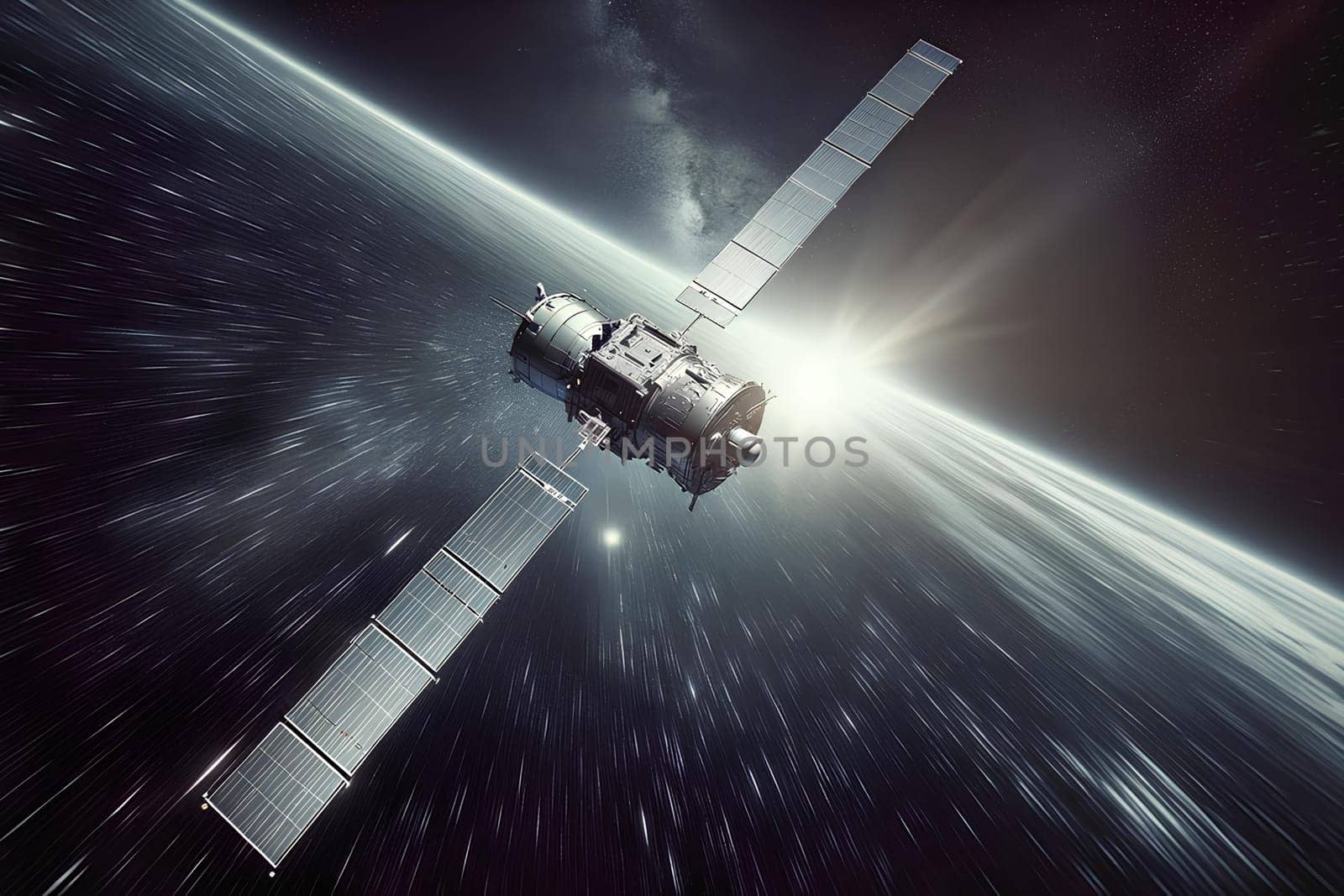 flying satellite in orbit, close-up.