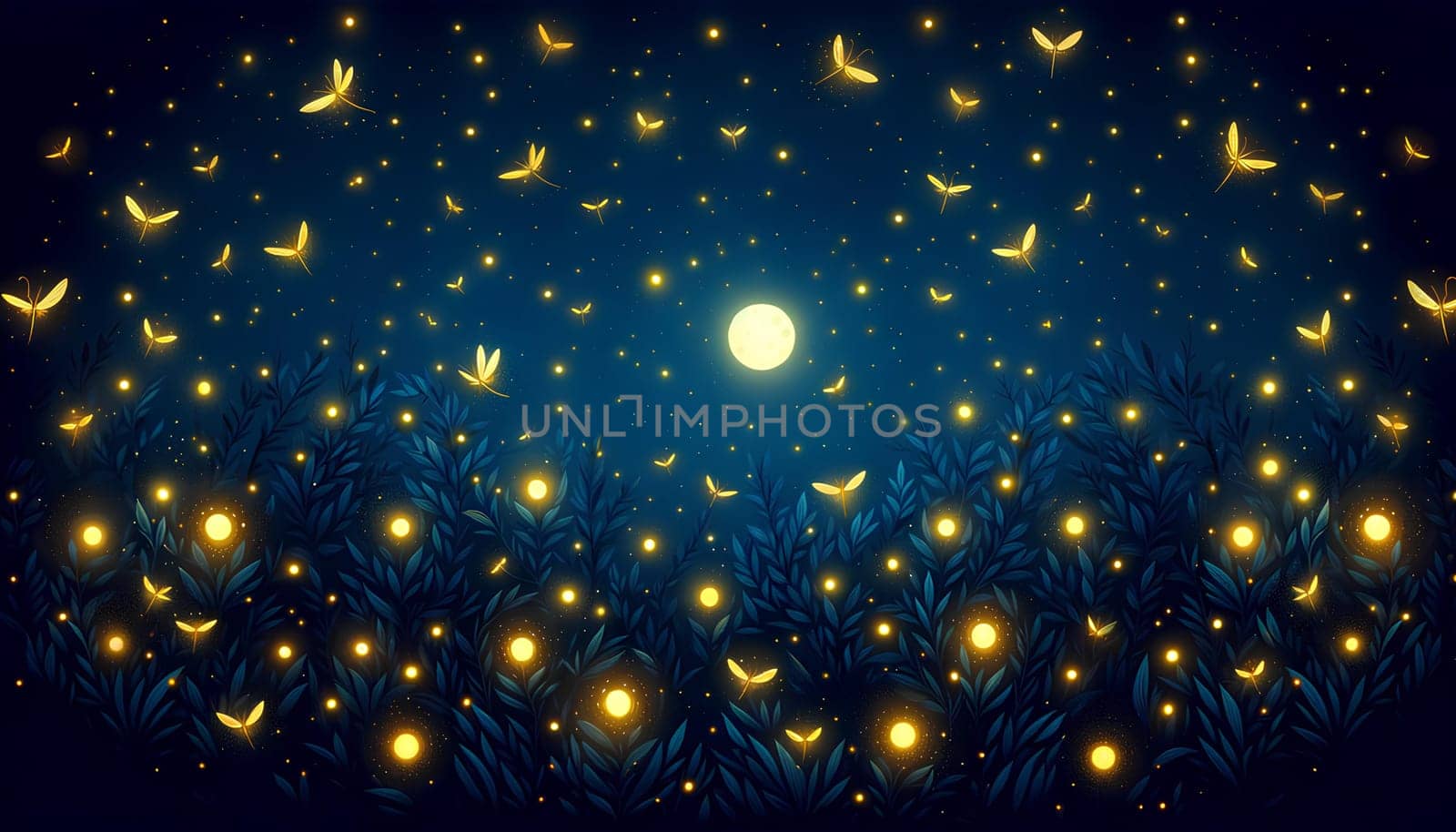 A horizontal dark blue night background with yellow fireflies and moon.