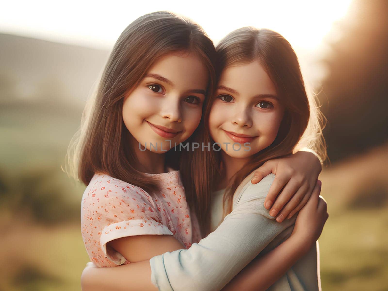 two smiling little sisters standing and hugging each other.