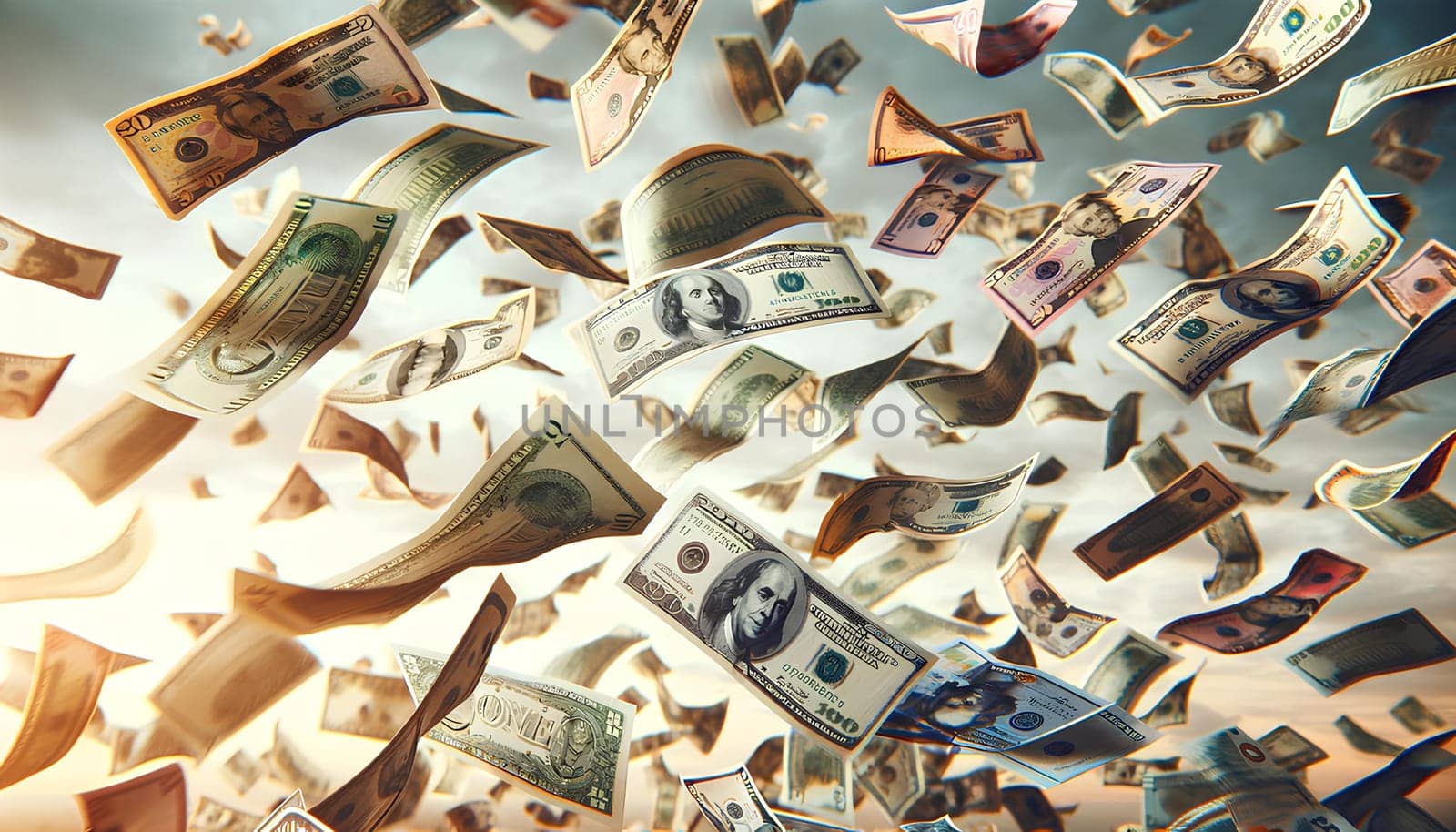 money banknotes flying in the wind, concept of wasted money.