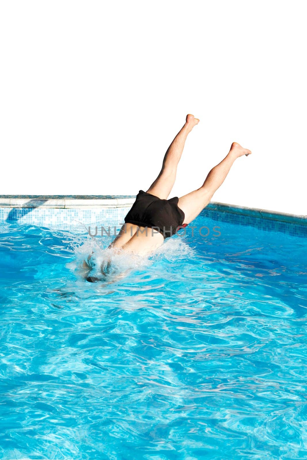 man diving into pool isolated on white, summer rest