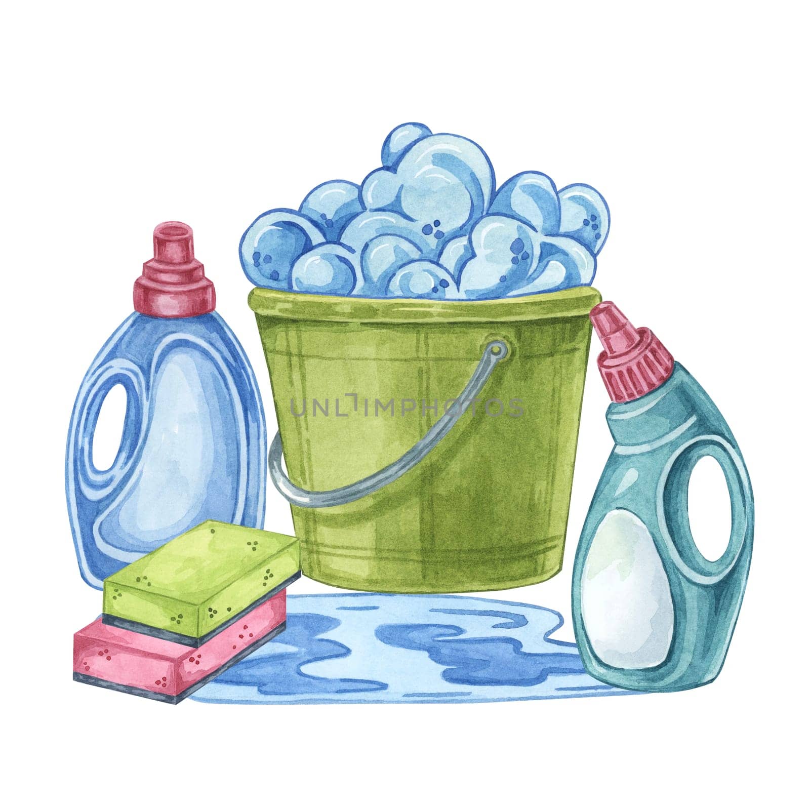 Bucket with soap foam, cleaning liquids, stain removers, sponges. Watercolor illustration of household cleaning utensils. Clipart for home maintenance, housekeeping, janitorial or maid service, flyer
