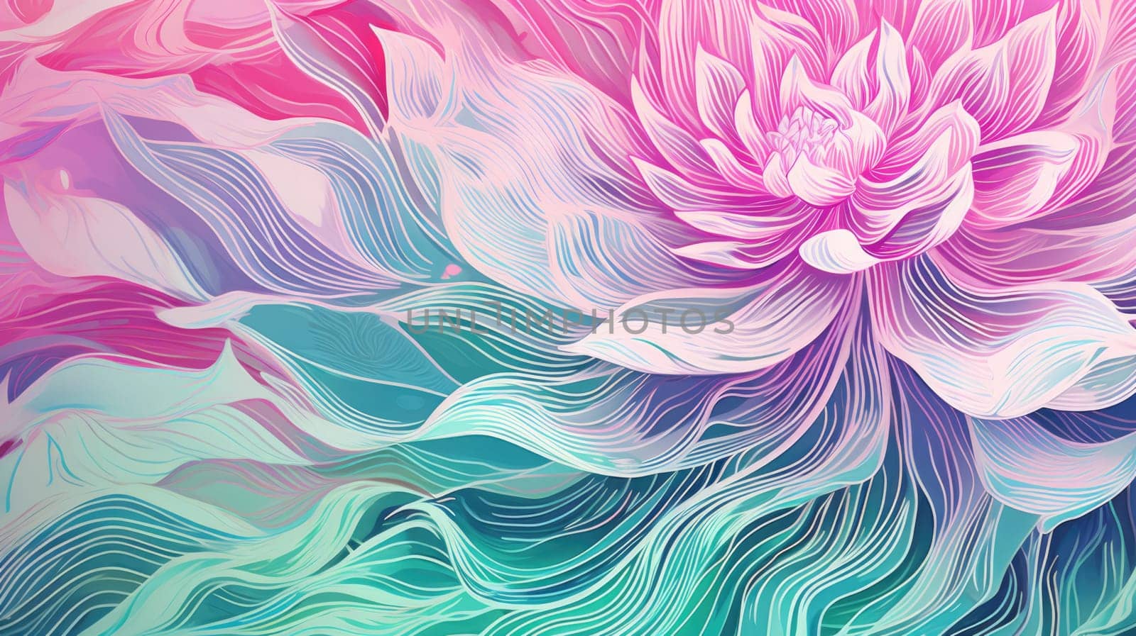 Vibrant floral background with a flower in bloom and flowing lines in bright colors..