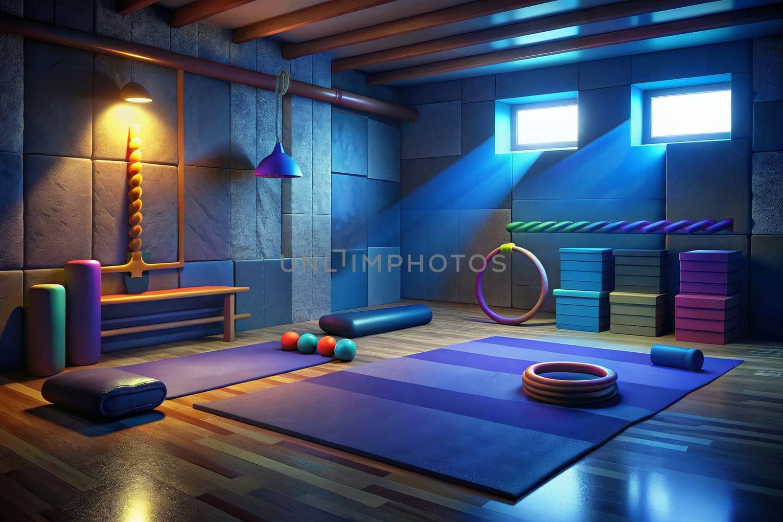 A brightly lit exercise room with colorful equipment, including a stack of soft blocks, a large exercise ball, ropes hanging from the wall, and a purple yoga mat. A small, bright blue ball sits in the corner, while an orange exercise ring rests on the mat. The room has a tiled floor with a blue hue.