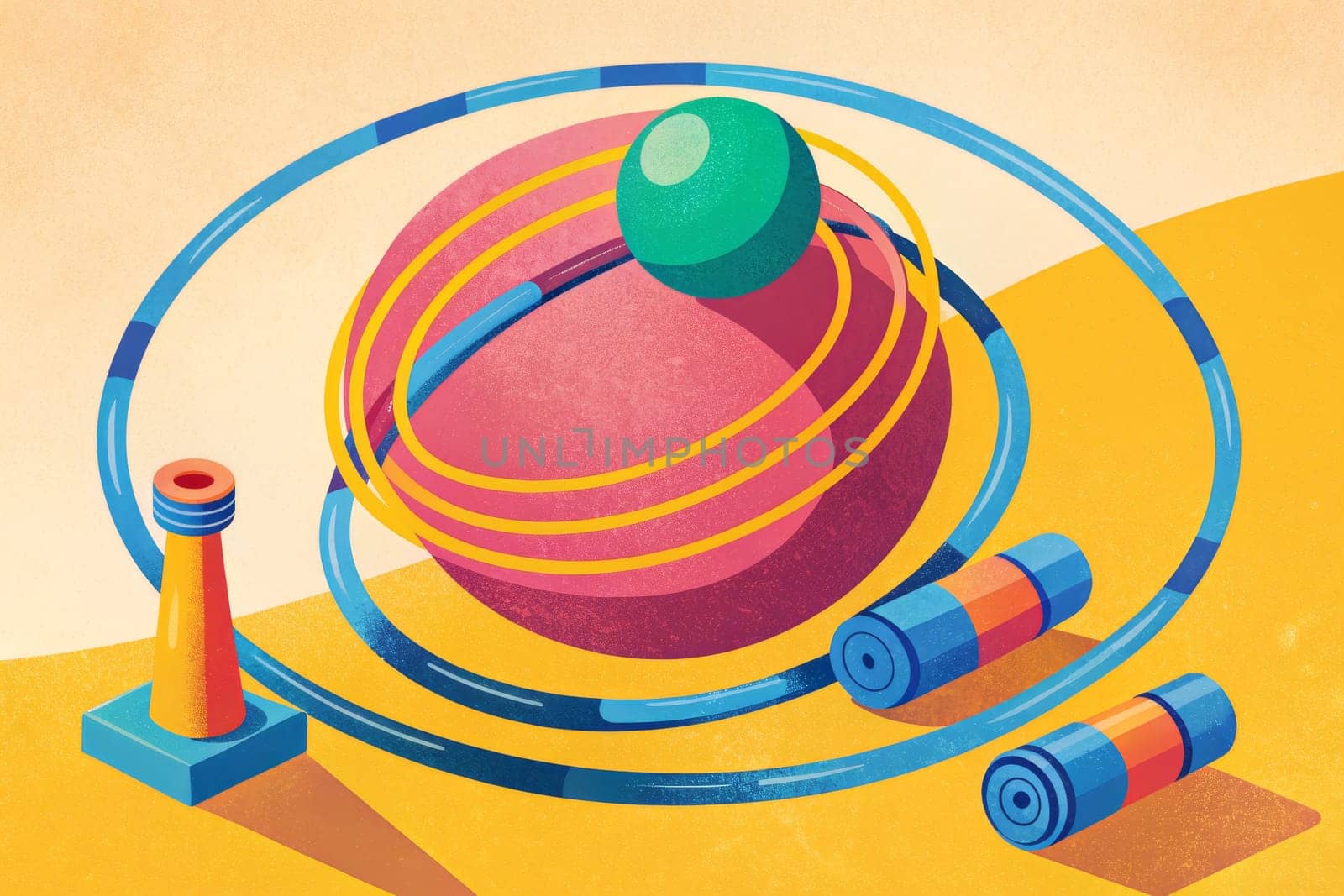 A yellow floor with a blue border is covered in exercise equipment. Two sets of dumbbells, a long green jump rope, two hula hoops, and multiple stacks of weights are arranged in a playful manner.