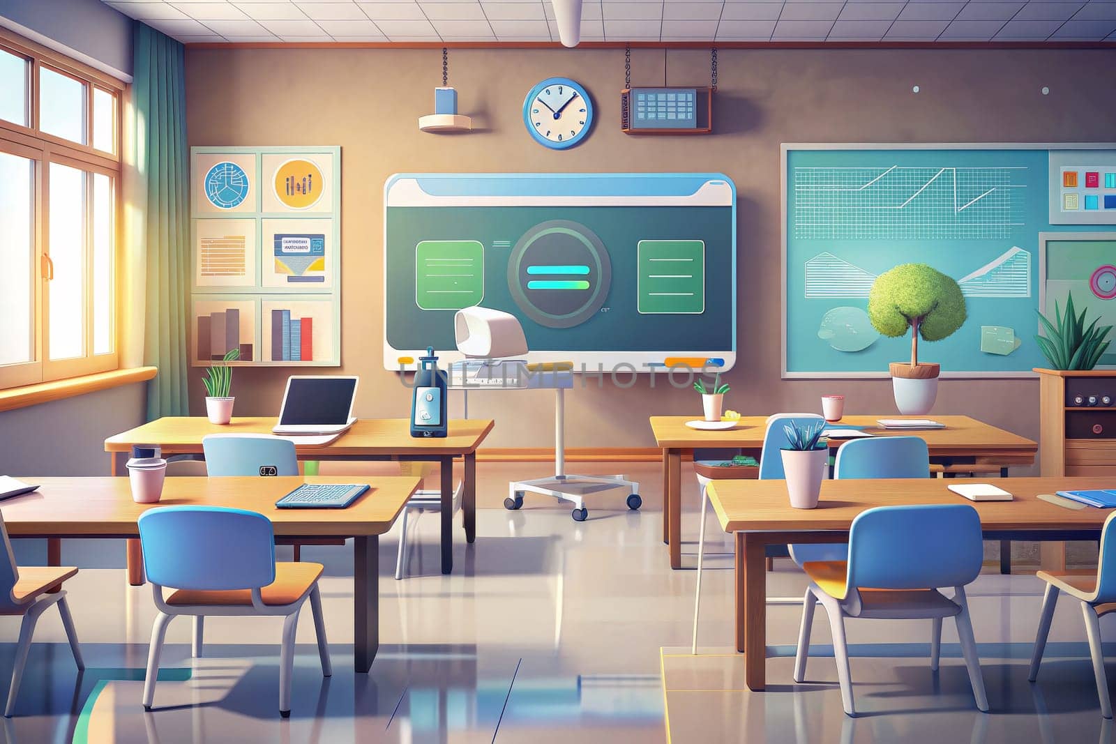 A futuristic classroom with desks and chairs arranged in rows, a large interactive whiteboard, and a robotic device on a mobile stand. The bright windows provide natural light while the green walls add a touch of nature to the modern environment. The classroom is ready for a new era of learning, where technology plays a key role in the educational experience.